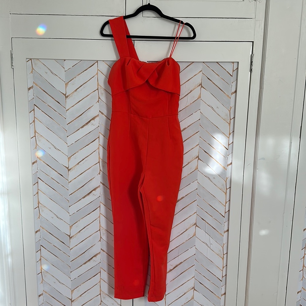 Anthropologie Vibrant Red Asymmetric-Strap Jumpsuit